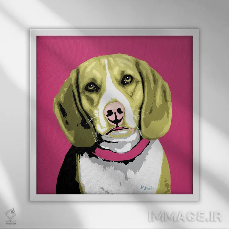 تابلو بیگل صورتی ووفهول (بازی با وارهول و سگ) اثر گرچن کیش سرانو - نمای قابدار سفید