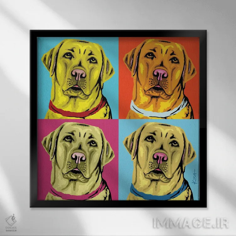 تابلو چهار لبرادور زرد ووفهول (بازی با وارهول و صدای سگ) اثر گرچن کیش سرانو - نمای قابدار مشکی