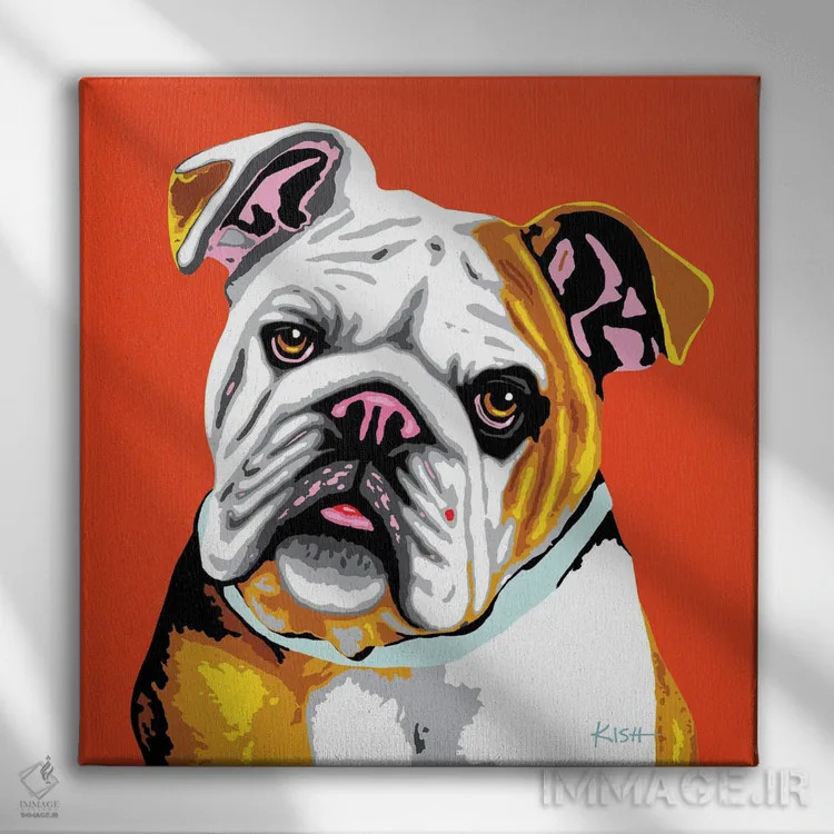 تابلو بولداگ نارنجی ووفهول (بازی با وارهول) اثر گرچن کیش سرانو - نمای روبهرو روی دیوار