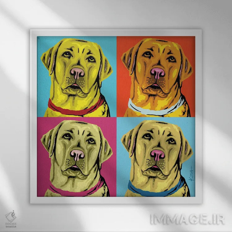 تابلو چهار لبرادور زرد ووفهول (بازی با وارهول و صدای سگ) اثر گرچن کیش سرانو - نمای قابدار سفید