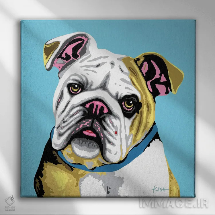 تابلو بولداگ آبی ووفهول (بازی با وارهول) اثر گرچن کیش سرانو - نمای روبهرو روی دیوار