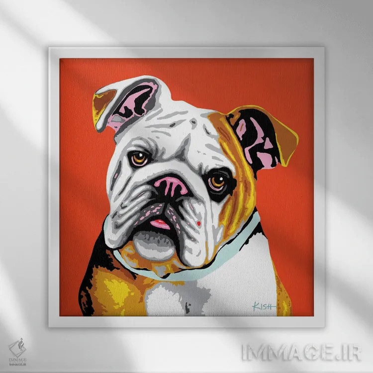 تابلو بولداگ نارنجی ووفهول (بازی با وارهول) اثر گرچن کیش سرانو - نمای قابدار سفید