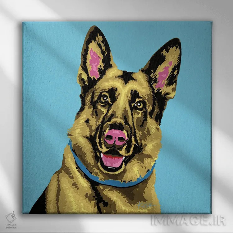 تابلو ژرمن شپرد آبی ووفهول اثر گرچن کیش سرانو - نمای روبهرو روی دیوار