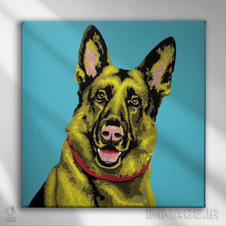 تابلو ژرمن شپرد آبی مایل به سبز ووفهول اثر گرچن کیش سرانو - نمای روبهرو روی دیوار