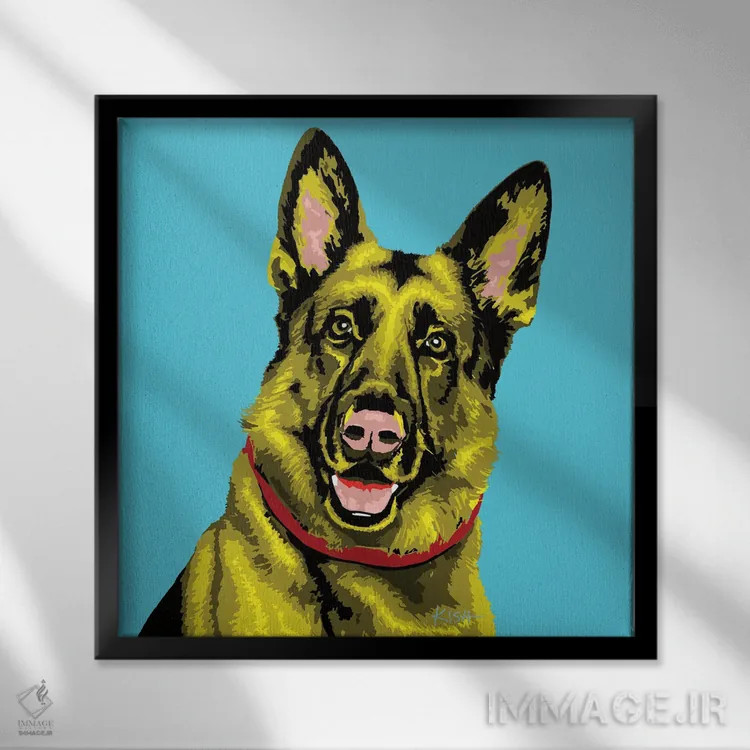 تابلو ژرمن شپرد آبی مایل به سبز ووفهول اثر گرچن کیش سرانو - نمای قابدار مشکی