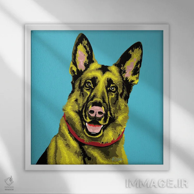 تابلو ژرمن شپرد آبی مایل به سبز ووفهول اثر گرچن کیش سرانو - نمای قابدار سفید