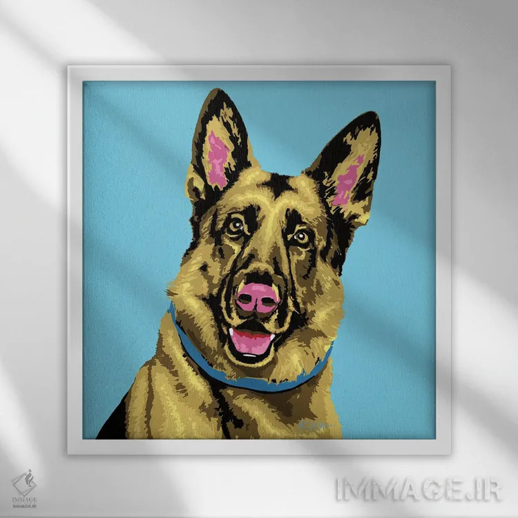 تابلو ژرمن شپرد آبی ووفهول اثر گرچن کیش سرانو - نمای قابدار سفید