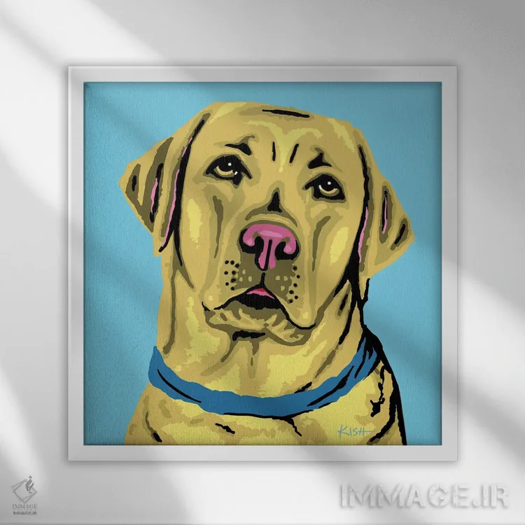تابلو لبرادور زرد آبی ووفهول اثر گرچن کیش سرانو - نمای قابدار سفید