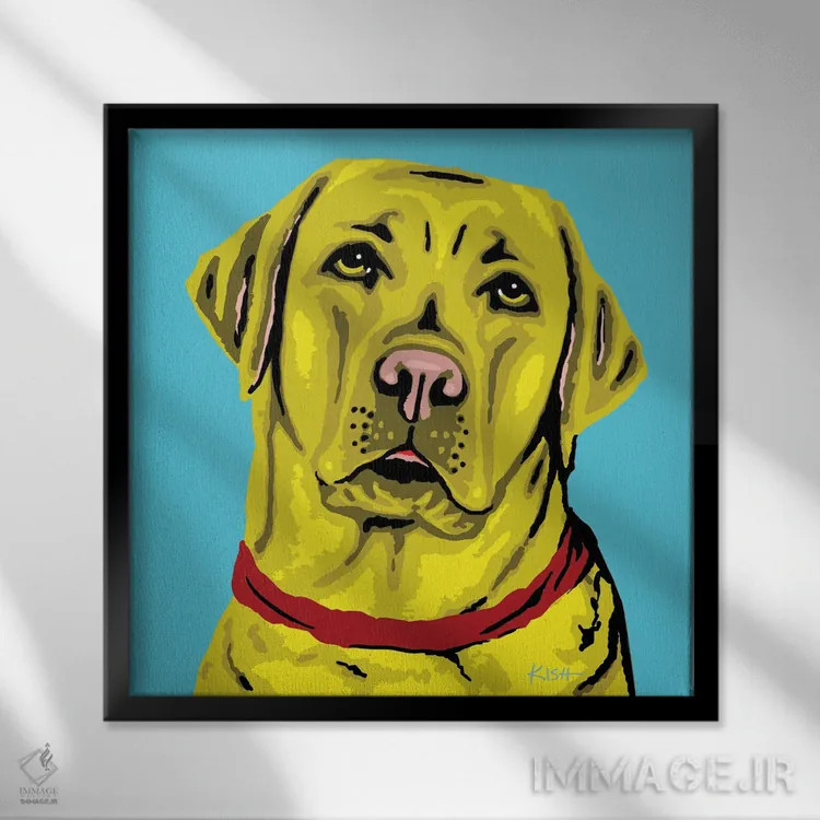 تابلو لبرادور زرد آبی مایل به سبز ووفهول اثر گرچن کیش سرانو - نمای قابدار مشکی