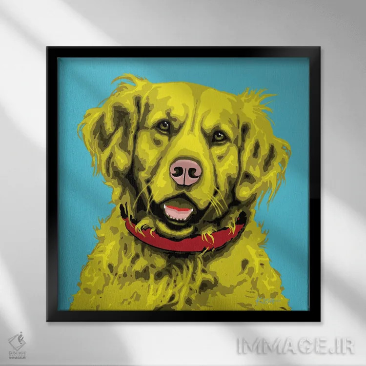 تابلو گلدن رتریور آبی مایل به سبز ووفهول اثر گرچن کیش سرانو - نمای قابدار مشکی