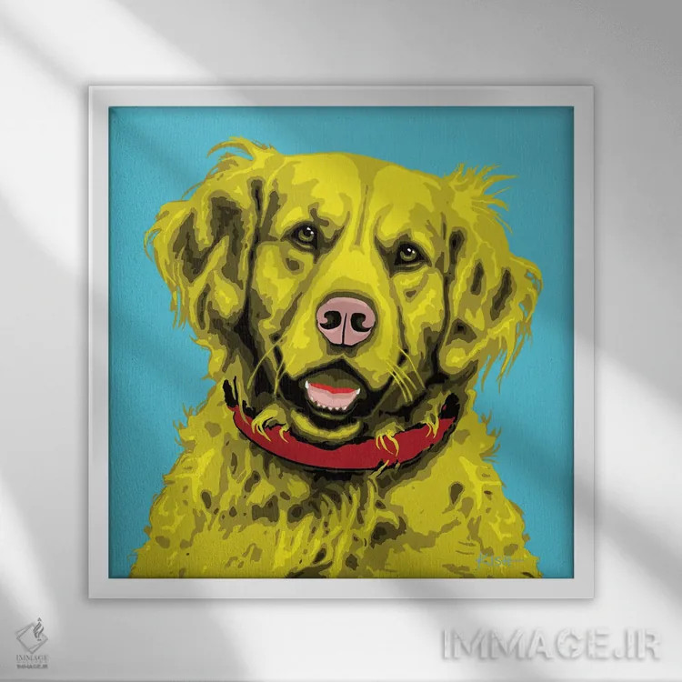 تابلو گلدن رتریور آبی مایل به سبز ووفهول اثر گرچن کیش سرانو - نمای قابدار سفید