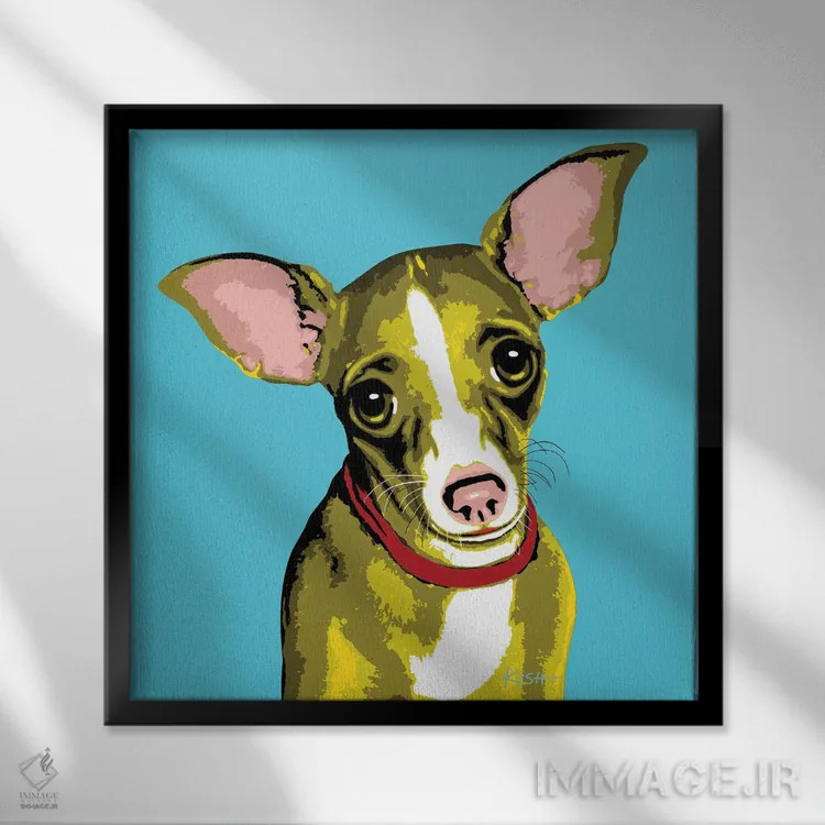 تابلو چیواوا آبی مایل به سبز ووفهول اثر گرچن کیش سرانو - نمای قابدار مشکی