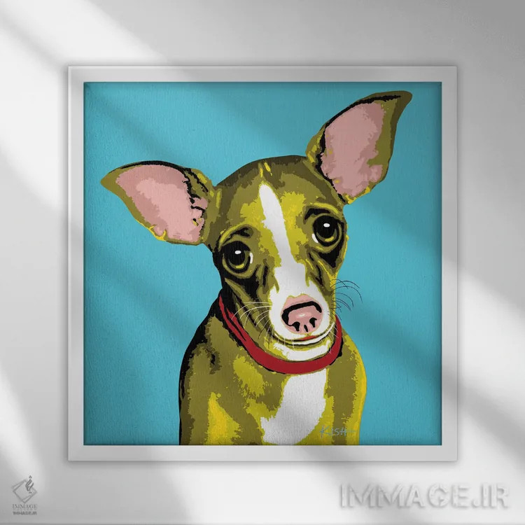 تابلو چیواوا آبی مایل به سبز ووفهول اثر گرچن کیش سرانو - نمای قابدار سفید