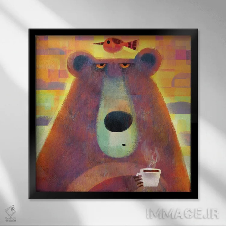 تابلو خرس صبحگاهی با پرندهٔ مزاحم اثر گارث لوکاس - نمای قابدار مشکی