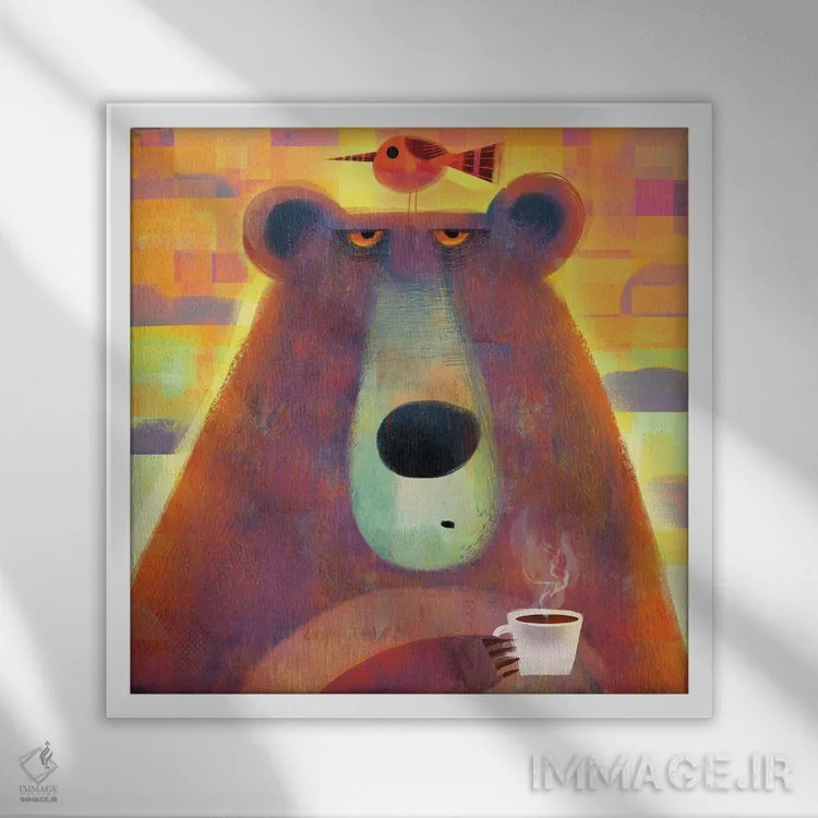 تابلو خرس صبحگاهی با پرندهٔ مزاحم اثر گارث لوکاس - نمای قابدار سفید