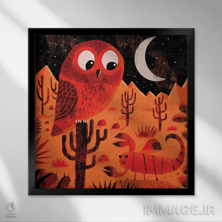 تابلو جغد بیابانی و عقرب اثر گارث لوکاس - نمای قابدار مشکی