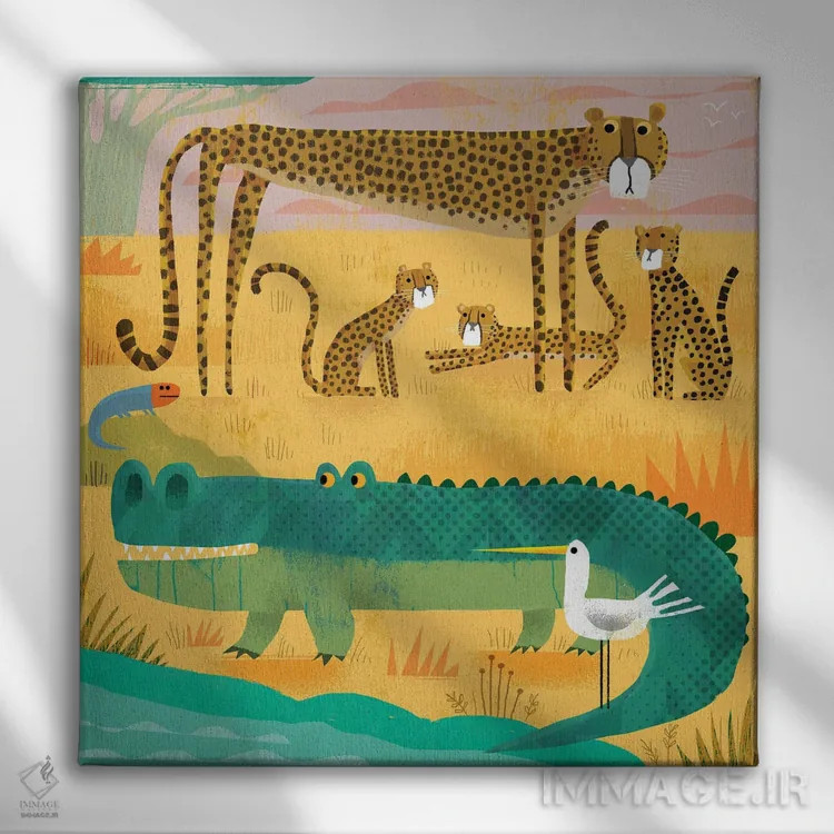 تابلو کروکودیل با یوزپلنگهای مراقب اثر گارث لوکاس - نمای روبهرو روی دیوار