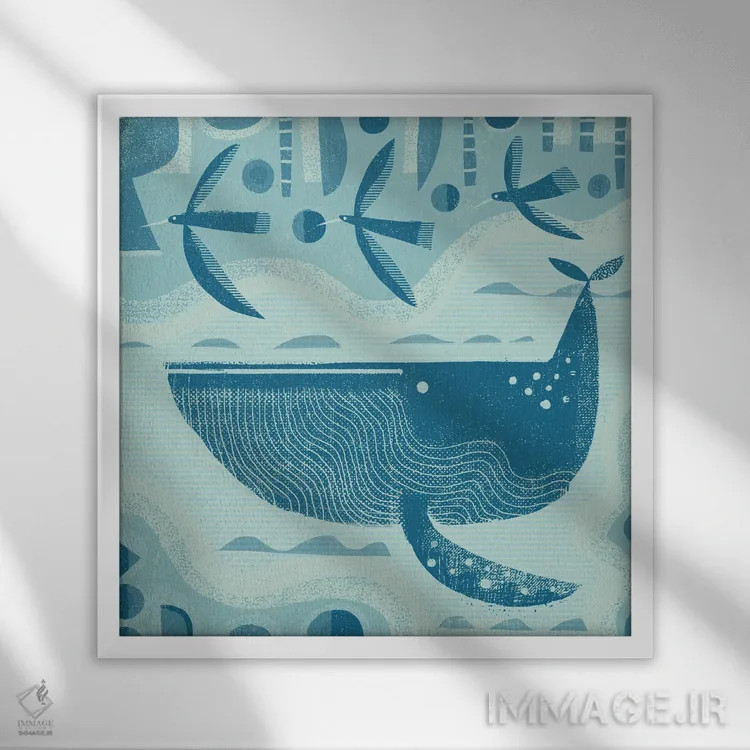 تابلو نهنگ و پرندگان اثر گارث لوکاس - نمای قابدار سفید