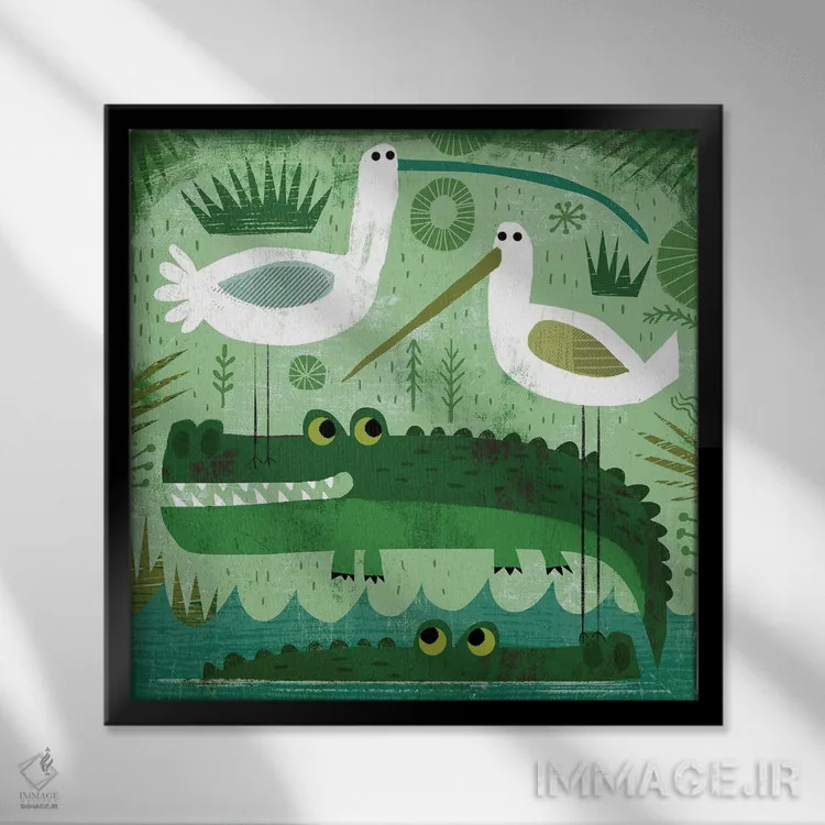 تابلو کروکودیلها با پرندگان مزاحم اثر گارث لوکاس - نمای قابدار مشکی