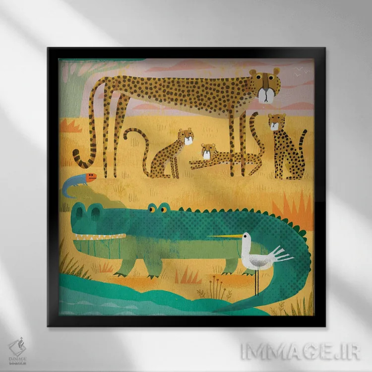 تابلو کروکودیل با یوزپلنگهای مراقب اثر گارث لوکاس - نمای قابدار مشکی
