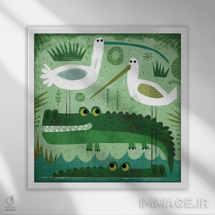 تابلو کروکودیلها با پرندگان مزاحم اثر گارث لوکاس - نمای قابدار سفید