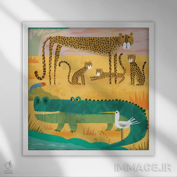 تابلو کروکودیل با یوزپلنگهای مراقب اثر گارث لوکاس - نمای قابدار سفید