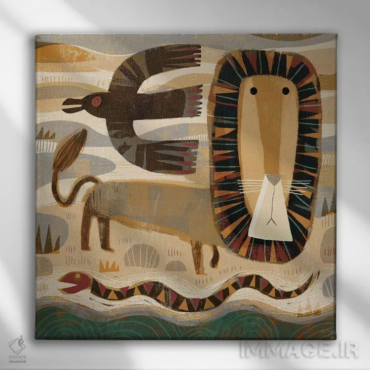 تابلو کلاغ شیر و مار اثر گارث لوکاس - نمای روبهرو روی دیوار