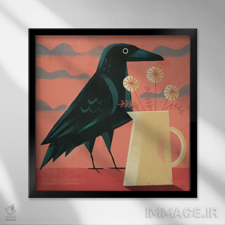 تابلو کلاغ با کوزه اثر گارث لوکاس - نمای قابدار مشکی
