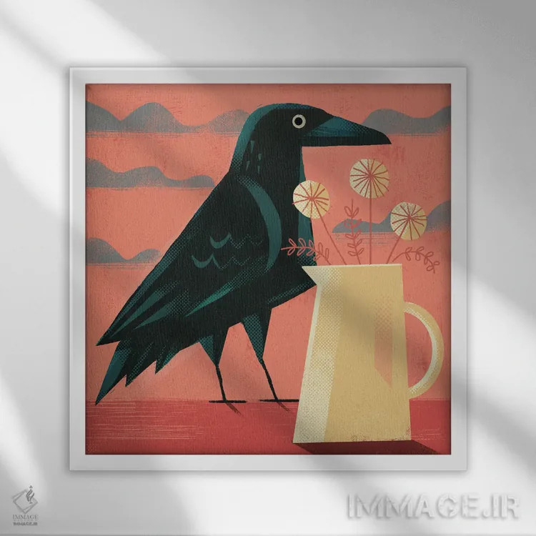 تابلو کلاغ با کوزه اثر گارث لوکاس - نمای قابدار سفید