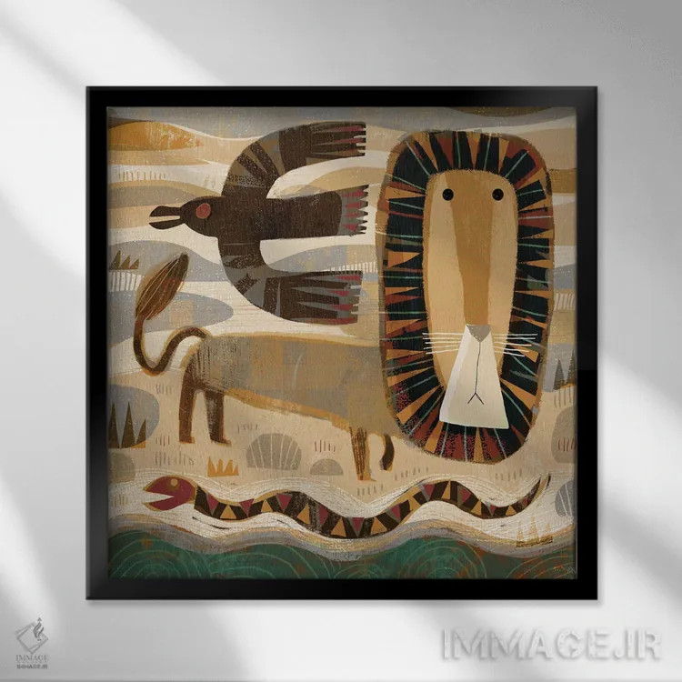 تابلو کلاغ شیر و مار اثر گارث لوکاس - نمای قابدار مشکی