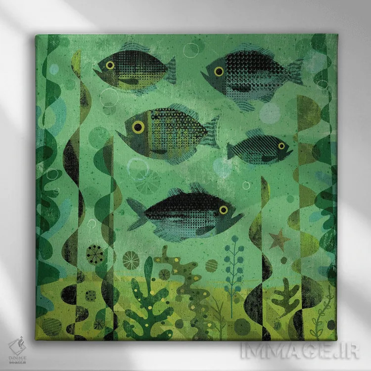 تابلو سبزیجات ماهیوار (ابهام زدایی: نقاشی انتزاعی گیاهی) اثر گارث لوکاس - نمای روبهرو روی دیوار