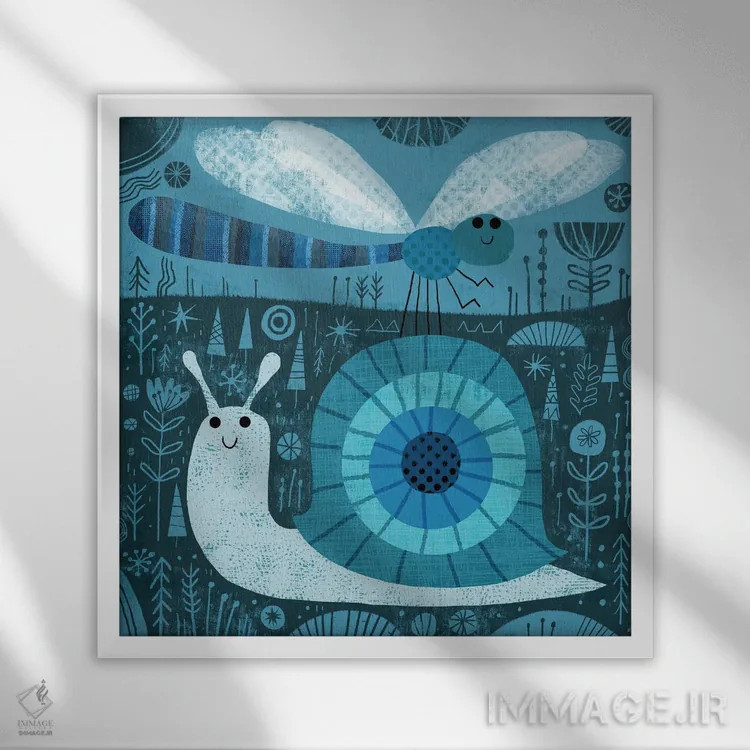 تابلو حلزون و سنجاقک اثر گارث لوکاس - نمای قابدار سفید