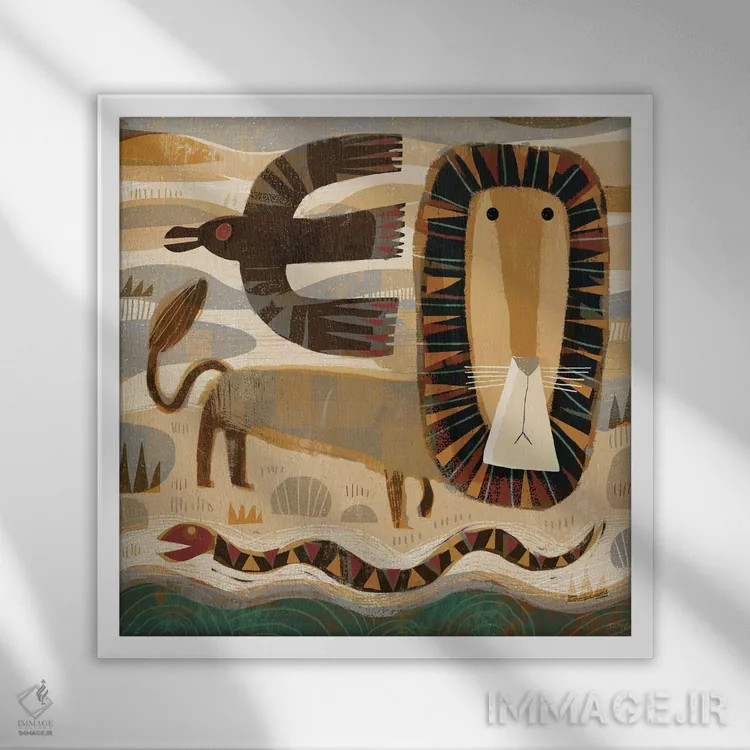 تابلو کلاغ شیر و مار اثر گارث لوکاس - نمای قابدار سفید