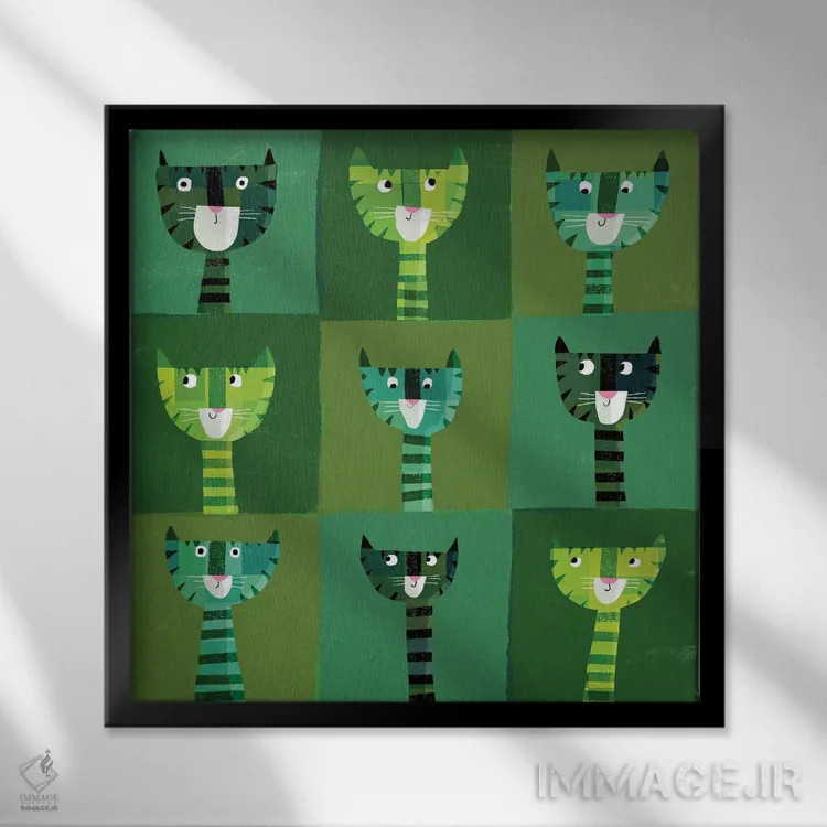 تابلو گربههای سبز اثر گارث لوکاس - نمای قابدار مشکی