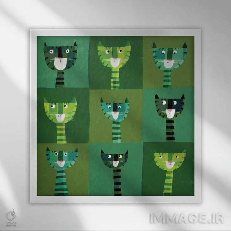 تابلو گربههای سبز اثر گارث لوکاس - نمای قابدار سفید