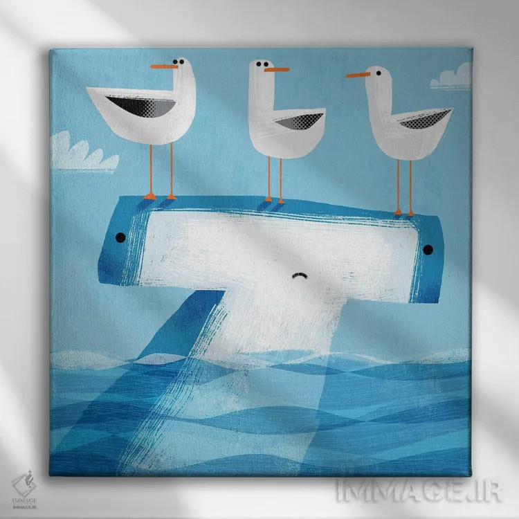 تابلو کوسه چکشی با مرغ دریایی مزاحم اثر گارث لوکاس - نمای روبهرو روی دیوار