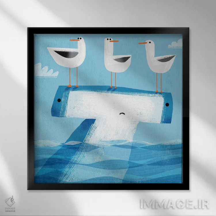 تابلو کوسه چکشی با مرغ دریایی مزاحم اثر گارث لوکاس - نمای قابدار مشکی