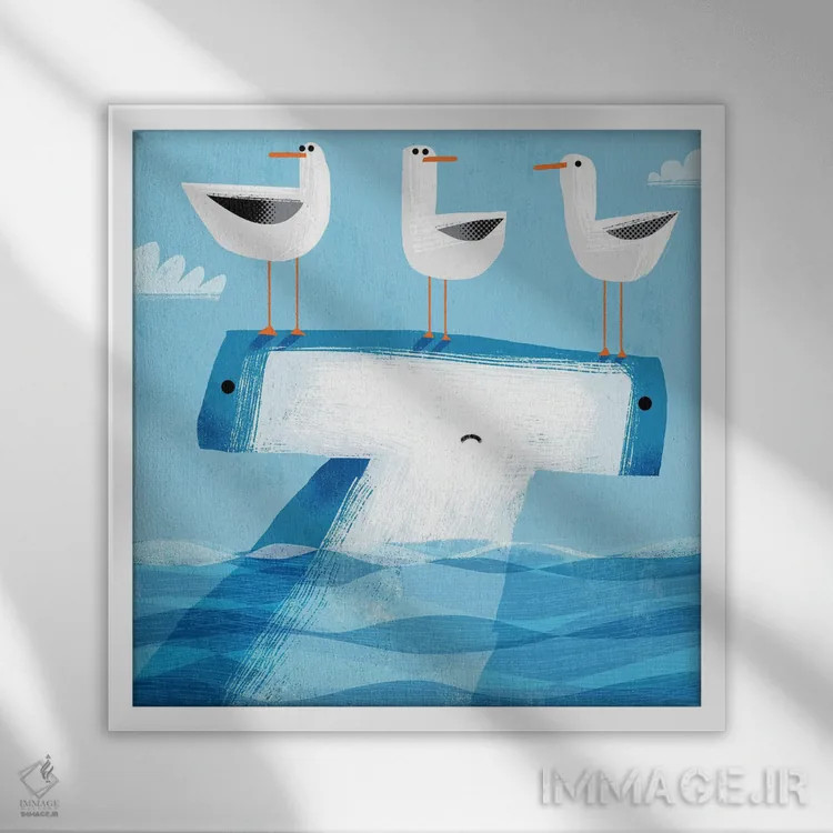 تابلو کوسه چکشی با مرغ دریایی مزاحم اثر گارث لوکاس - نمای قابدار سفید