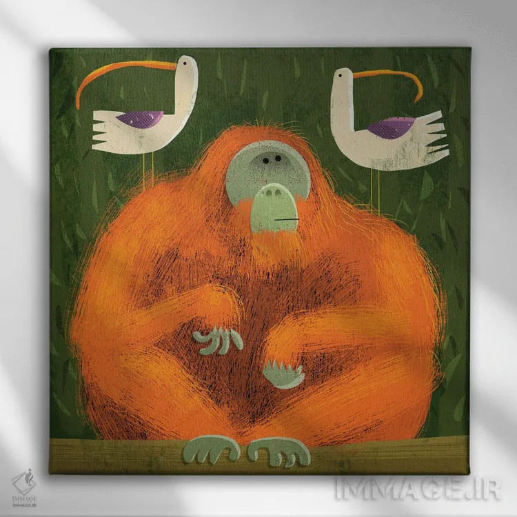 تابلو اورانگوتان با پرندگان مزاحم اثر گارث لوکاس - نمای روبهرو روی دیوار