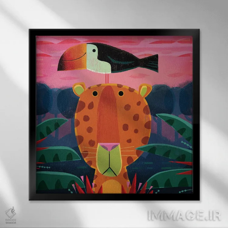 تابلو پلنگ با توکان مزاحم اثر گارث لوکاس - نمای قابدار مشکی