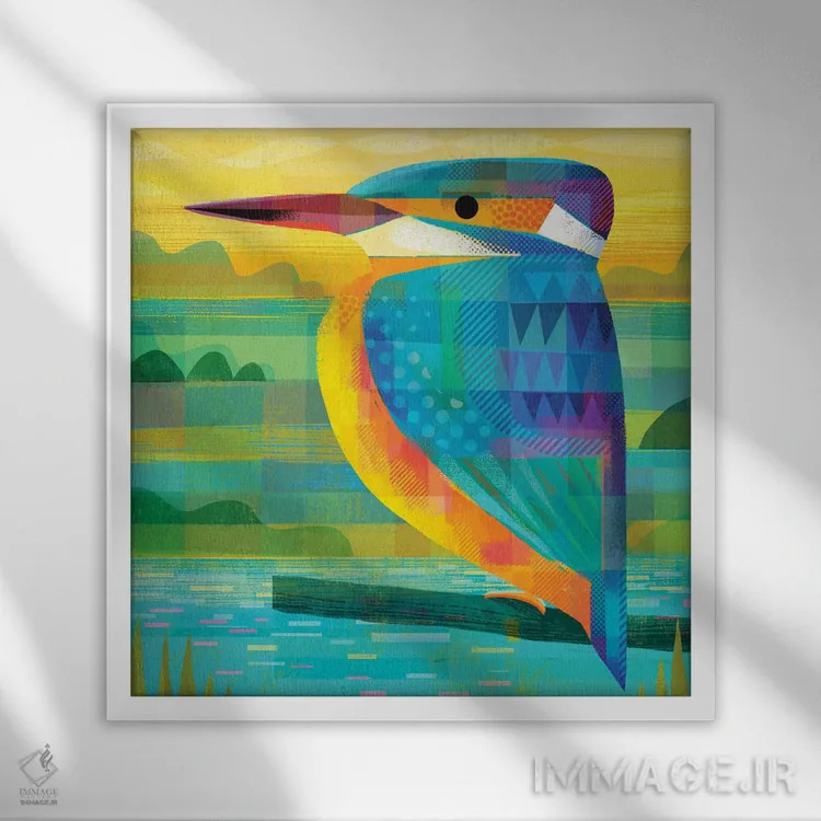 تابلو شاهماهیخور (پرنده) اثر گارث لوکاس - نمای قابدار سفید