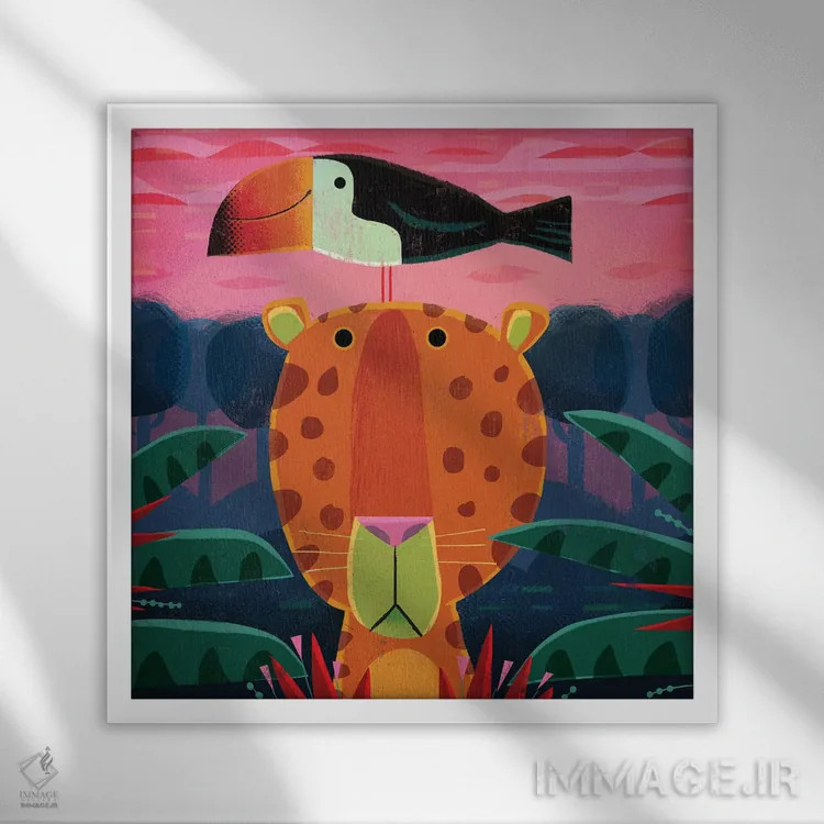 تابلو پلنگ با توکان مزاحم اثر گارث لوکاس - نمای قابدار سفید