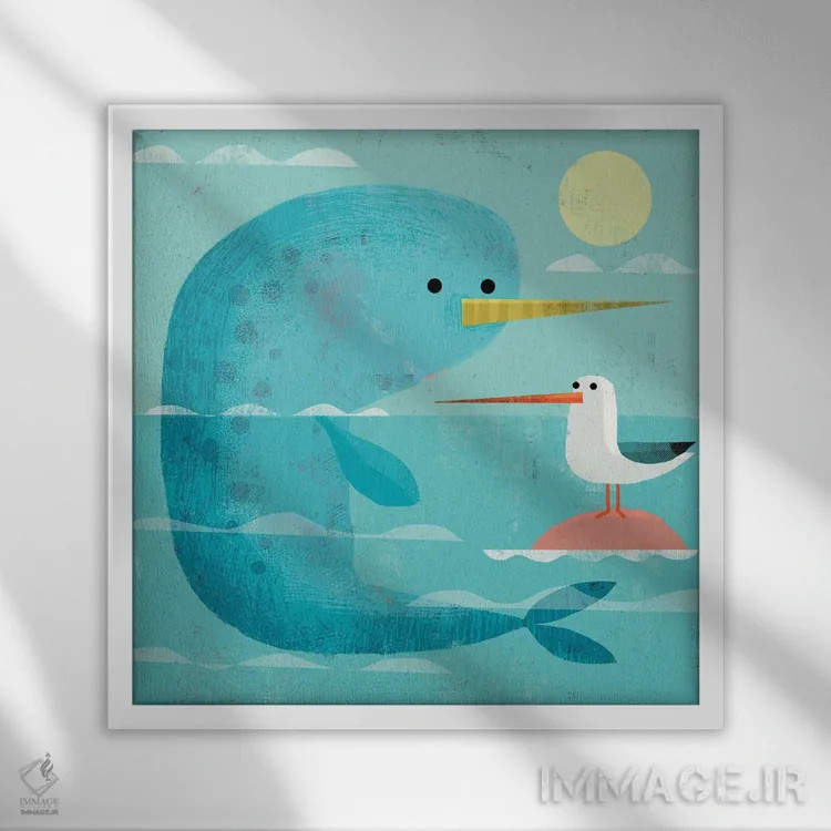 تابلو ناروال و ناربرد (ابهام زدایی: Narbird نام ساختگی) اثر گارث لوکاس - نمای قابدار سفید