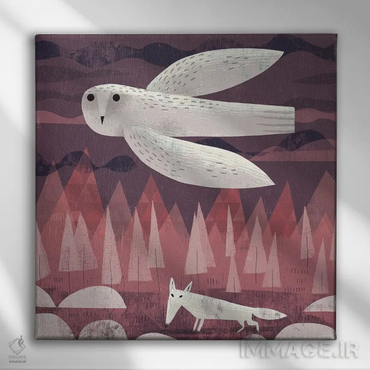 تابلو جغد برفی و روباه قطبی اثر گارث لوکاس - نمای روبهرو روی دیوار