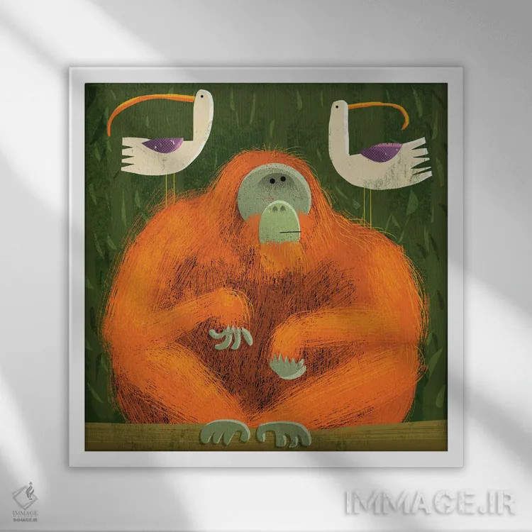 تابلو اورانگوتان با پرندگان مزاحم اثر گارث لوکاس - نمای قابدار سفید