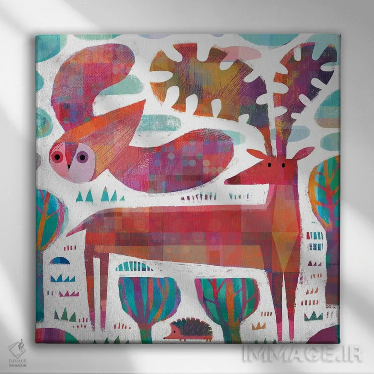 تابلو جغد، گوزن و خارپشت اثر گارث لوکاس - نمای روبهرو روی دیوار