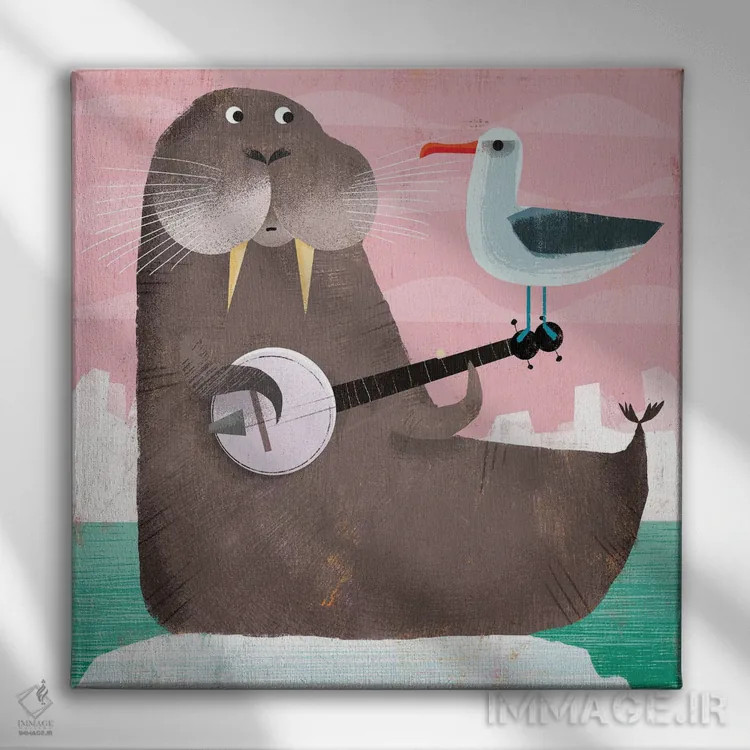 تابلو والروس با بانجو و مرغ دریایی اثر گارث لوکاس - نمای روبهرو روی دیوار