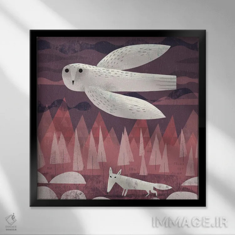 تابلو جغد برفی و روباه قطبی اثر گارث لوکاس - نمای قابدار مشکی
