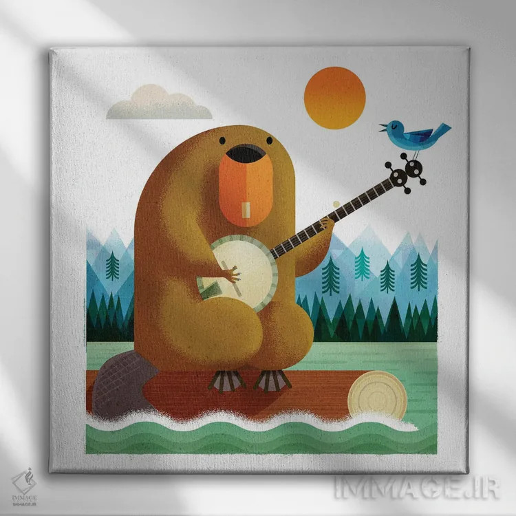 تابلو سگآبی با بانجو و پرندهٔ آبی اثر گارث لوکاس - نمای روبهرو روی دیوار