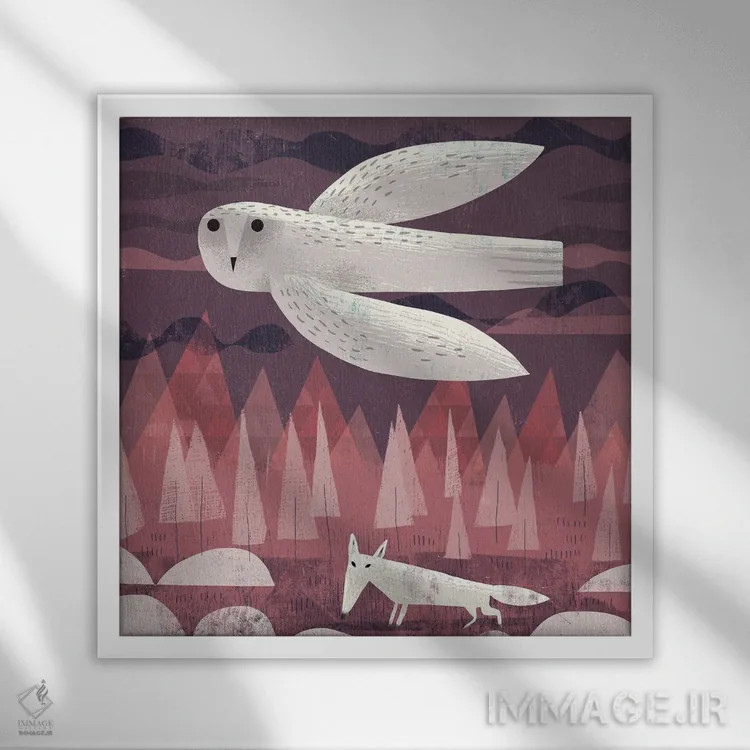 تابلو جغد برفی و روباه قطبی اثر گارث لوکاس - نمای قابدار سفید